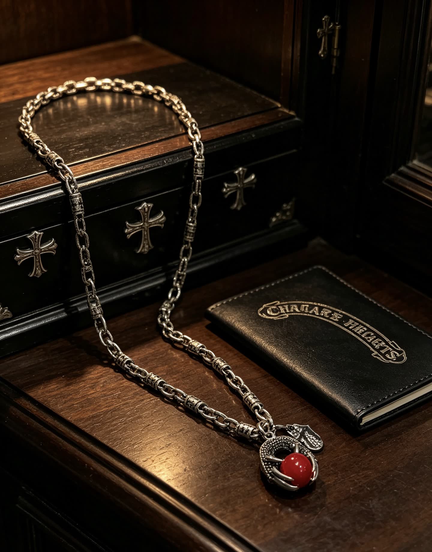 Chrome Hearts Silver Dragon Claw Necklace with Red Gemstone